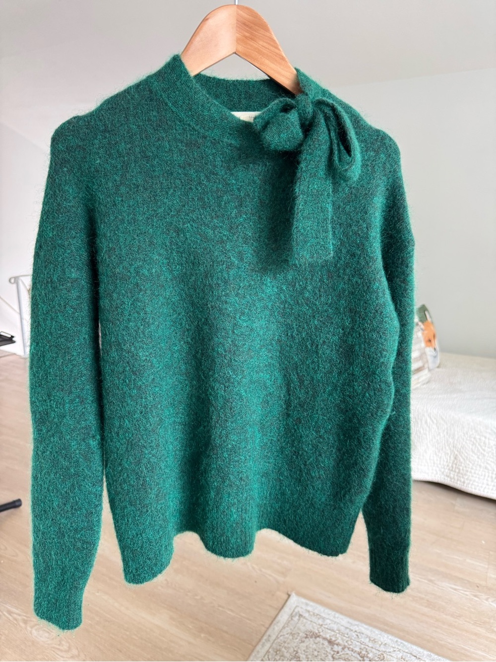 Sézane Bow Tie Superkid Mohair Sweater XS – Green, Made in Romania